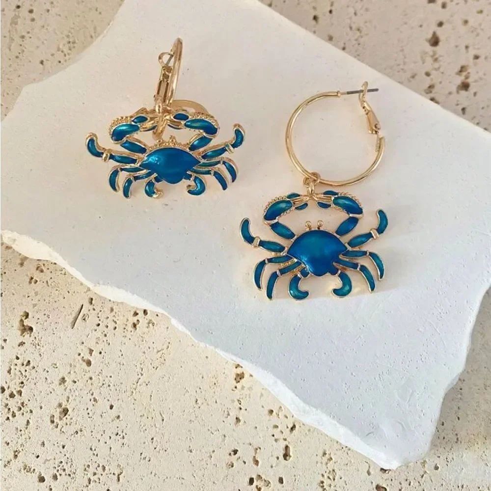 Gold and Blue Crab Earrings N995